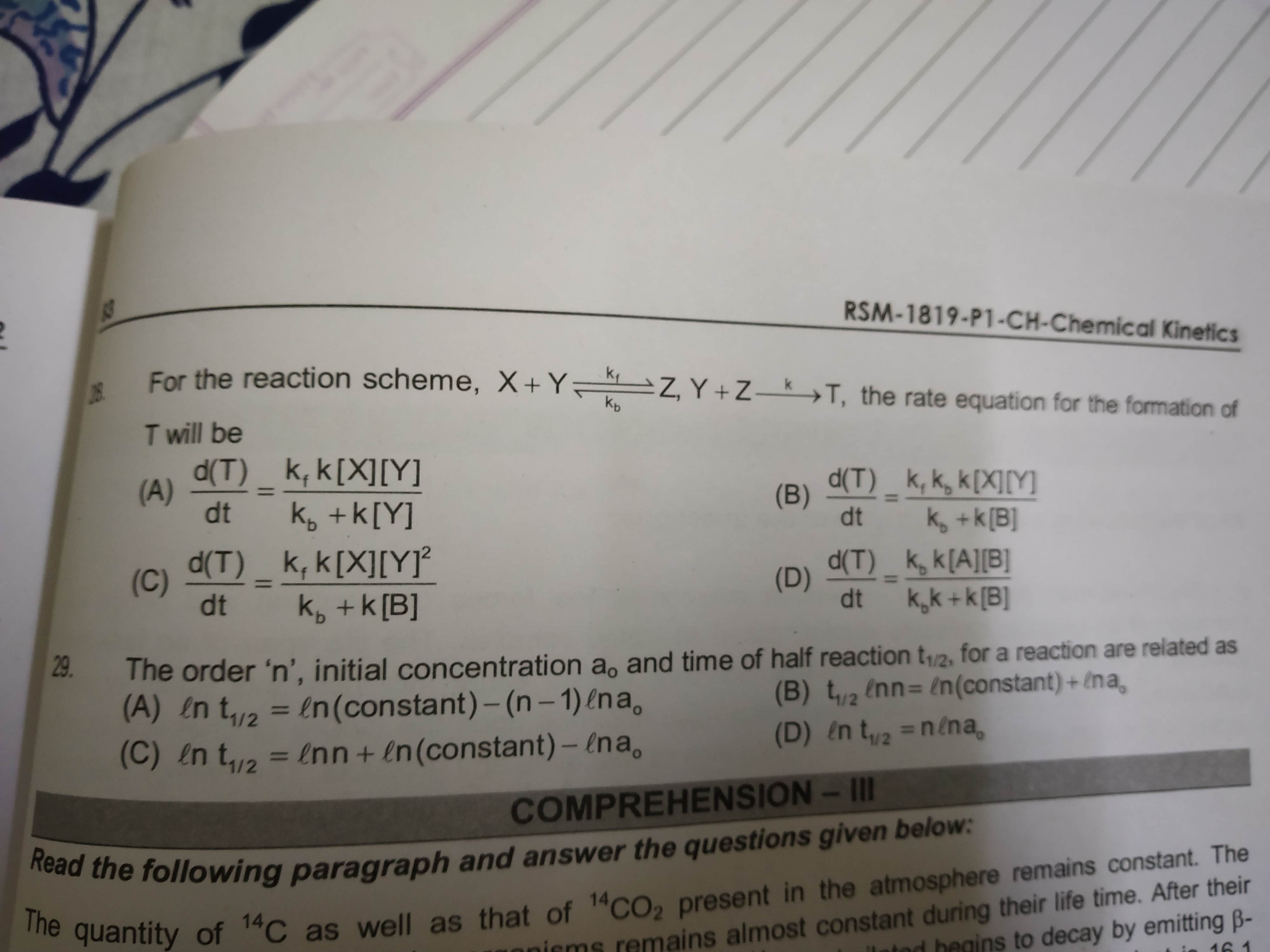 Question image for kinetics rate law question 28. answer given is pa